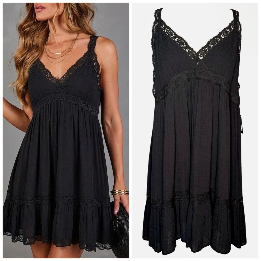 NWT Lucky Brand Large Black Lace Trim Sleeveless Babydoll Dress Tiered Lined